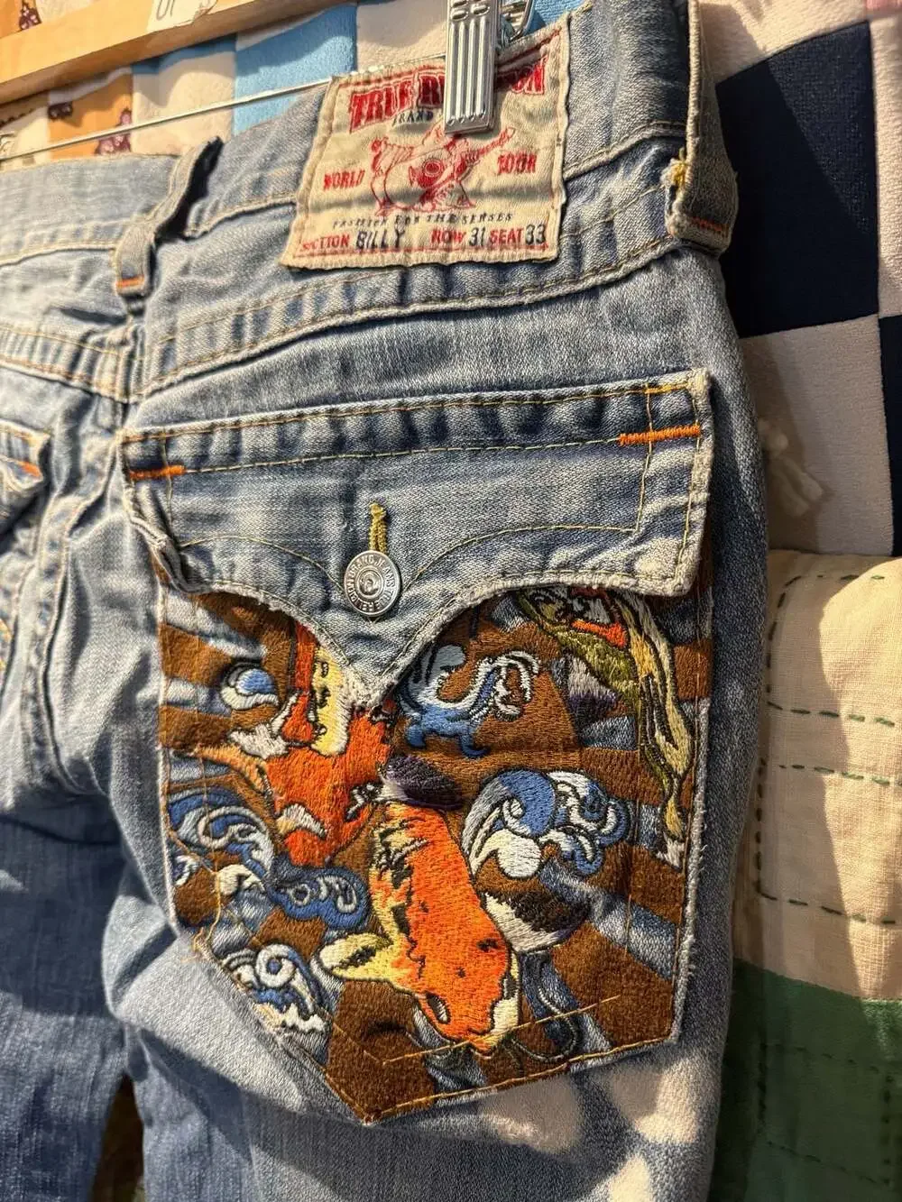 True Religion Billy Distressed Koi Fish Embroidered Pocket Jeans